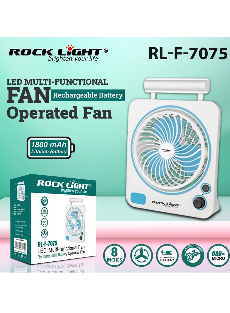 8" LED Multi-Functional Fan RL-F-7075, Rechargeable Battery-Operated Portable Fan, 1800 MAH Lithium Battery, USB Micro Charging