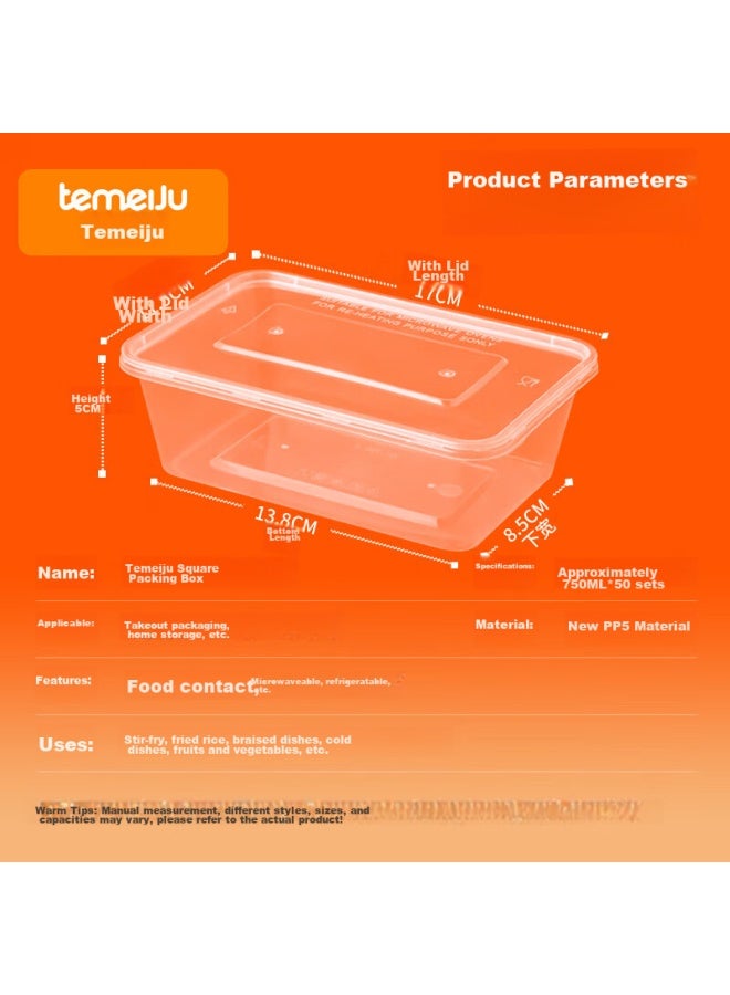 Temeiju Disposable Rectangular Transparent Food Containers, Thickened With Lids, Food-grade Takeout Boxes, 750ml, 50 Sets, Microwave Safe - Image 3