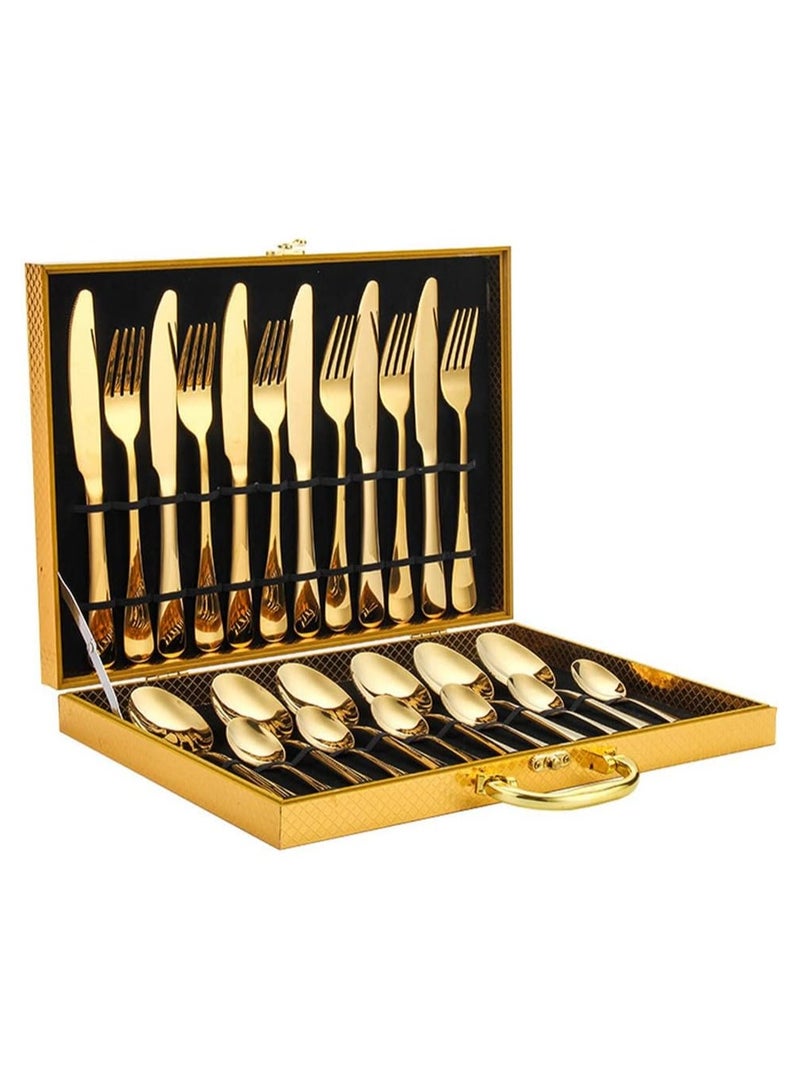 general 24 Piece Stainless Steel Flatware Set Gold with Premium Wooden Box, Mirror Polished Flatware Set, 6 Servings, Includes Knife/Fork/Spoon/Teaspoon - Image 1