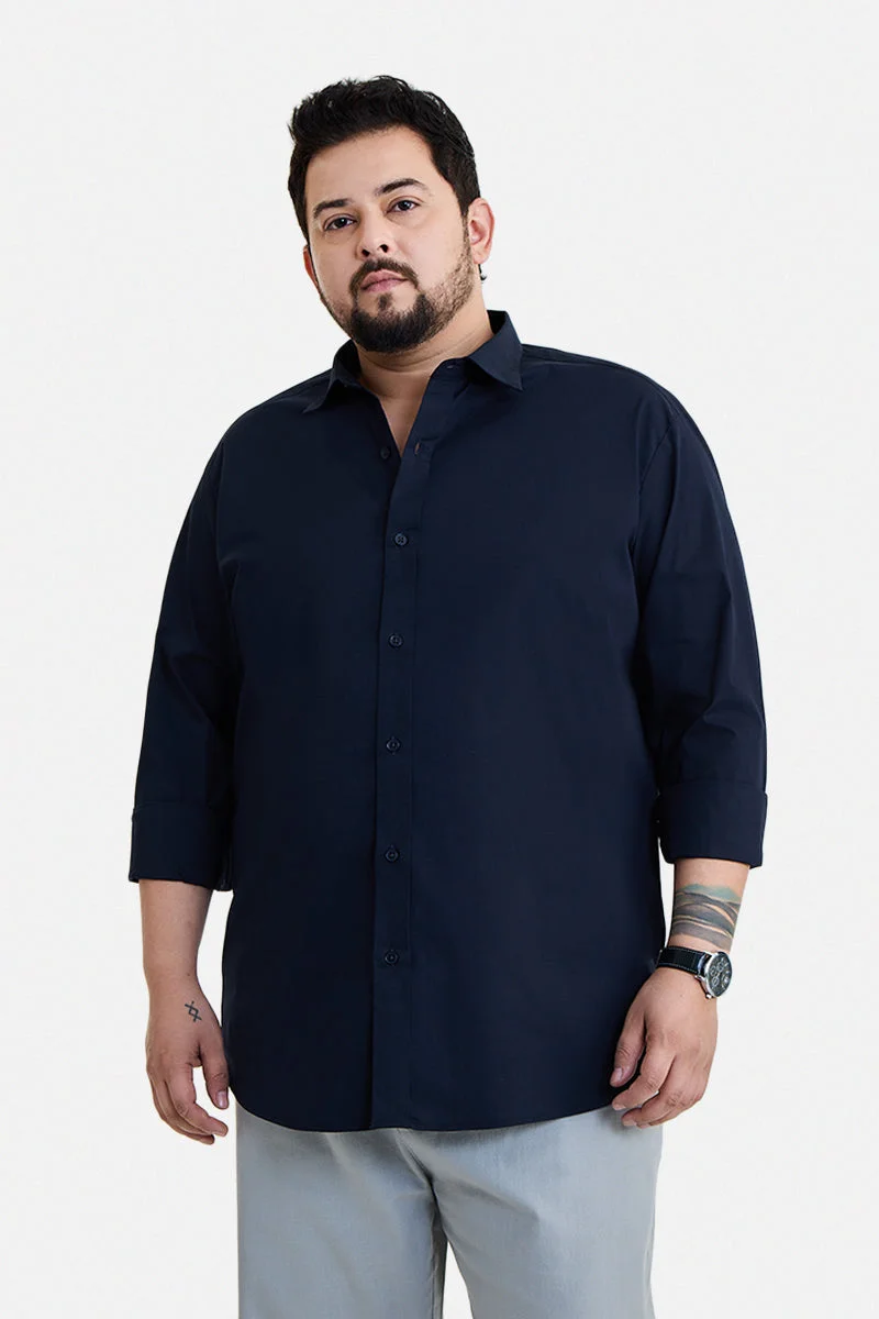 سنيتش Navy Blue Solid Long Sleeve Regular Fit Plus Size Shirt