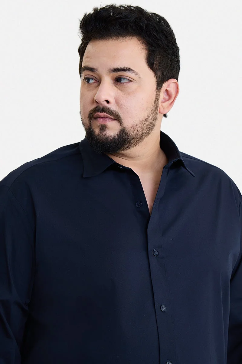 SNITCH Navy Blue Solid Long Sleeve Regular Fit Plus Size Shirt