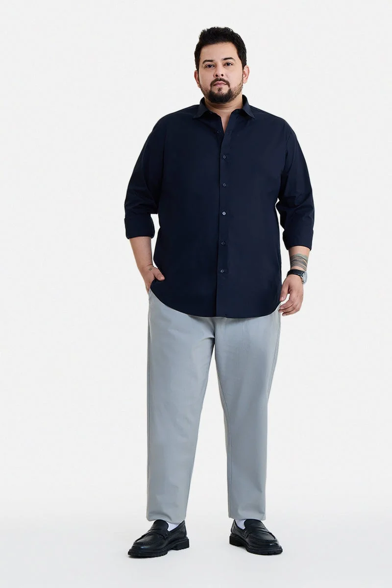 SNITCH Navy Blue Solid Long Sleeve Regular Fit Plus Size Shirt