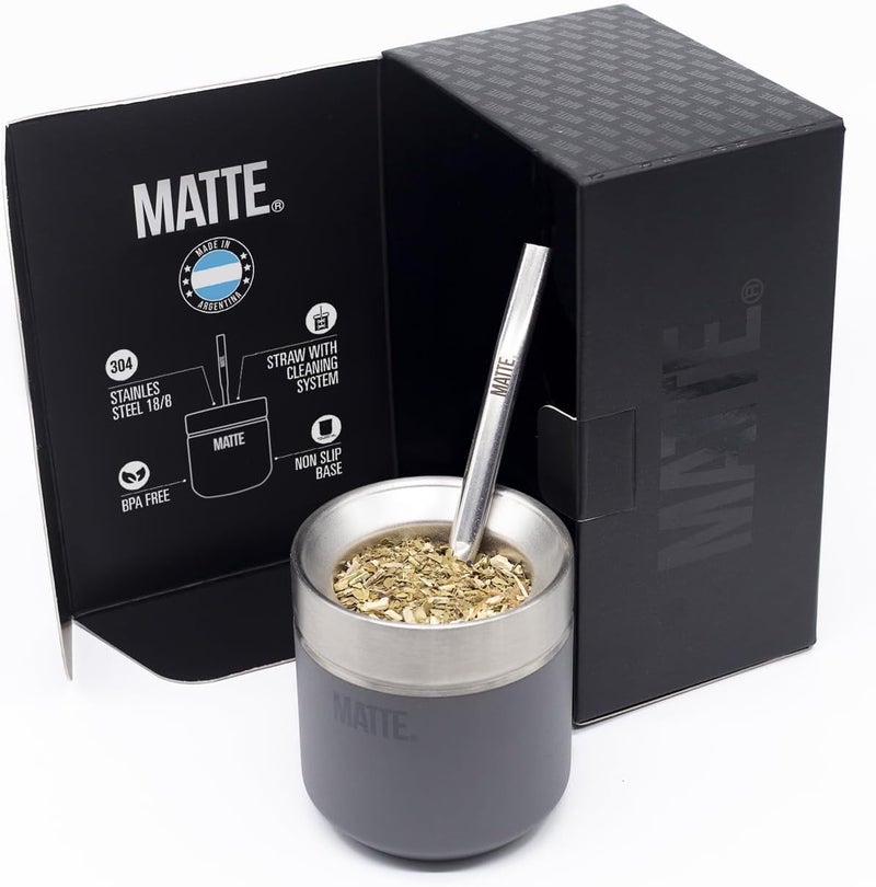 Matte 6.5 oz Yerba Mate Gourd and Bombilla Set - Includes DS Pro Box - BPA Free Yerba Mate Set Kit with Mate Straw, Elegant Design, Non-Slip Base (Grey) - Image 1