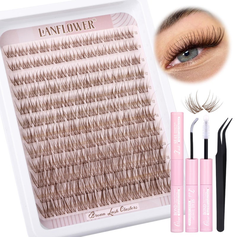 LANFLOWER Brown Lash Clusters Kit Natural Lash Extension Kit Wispy Eyelash Clusters C Curved Cluster Eyelash Extensions 10-16mm Eyelash Extension Kit Brown Individual Lashes DIY at Home by Lanflower - Image 1