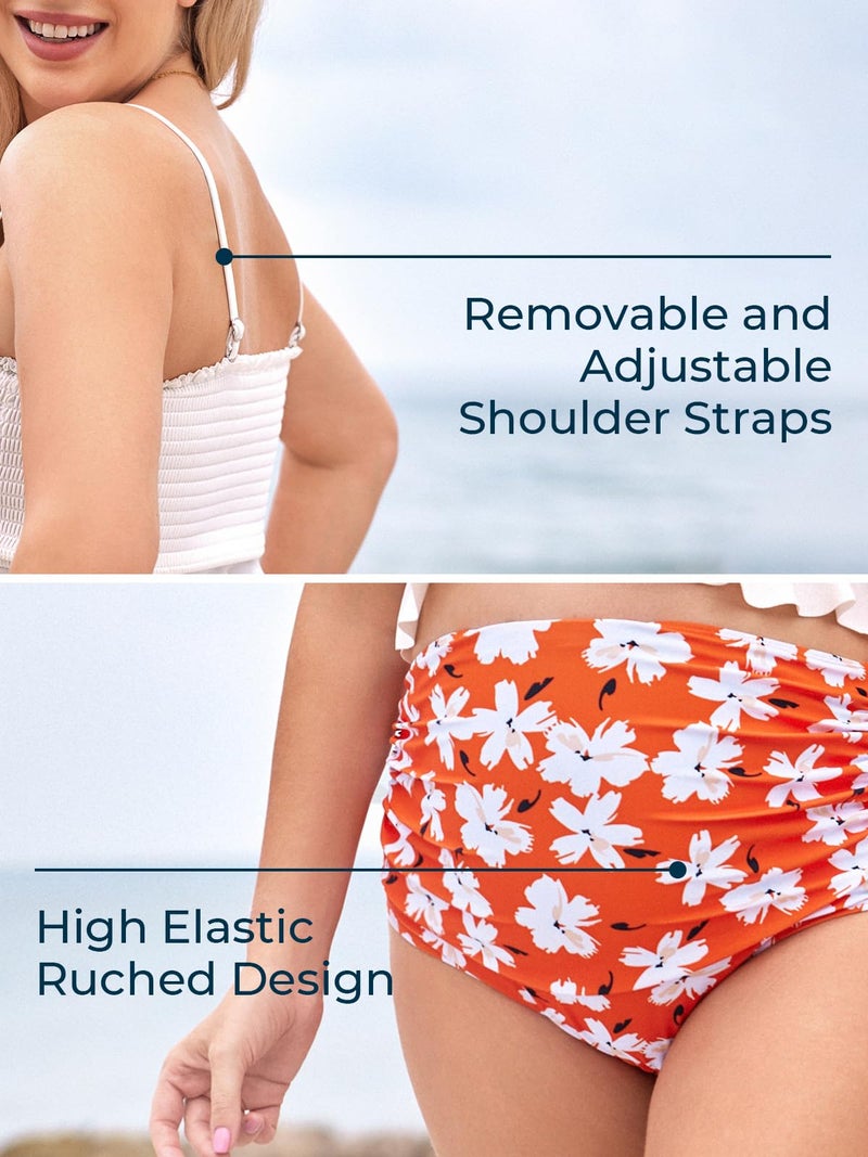 Summer Mae Maternity High Waist Swimsuit Ruffle Hem Bikini Bathing Suit Shirred Bandeau Two Piece Pregnancy Swimwear White Flower L - Image 5