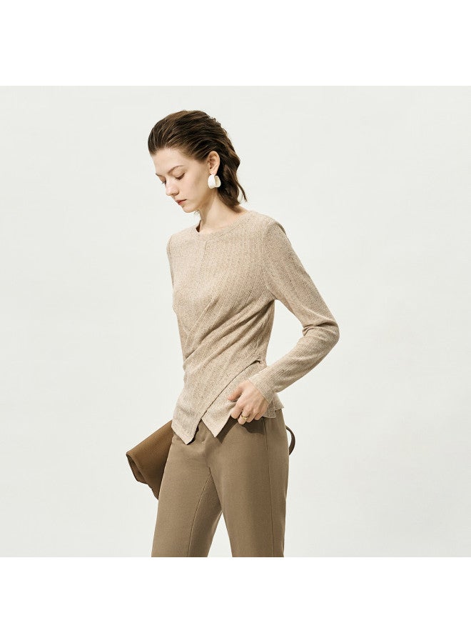 Yanyee Women's Long Sleeve Waist-cinching Knit Top Autumn Thin High-end Elegant Camel S - Image 1