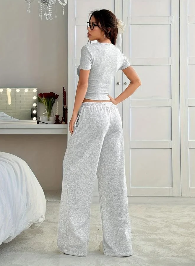 Take Two Women Grey Fitted Waist T-Shirt and Joggers Co-Ords