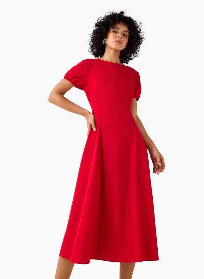تواكستريمز 2Xtremz A-Line Midi Cotton Dress with Puff Sleeves