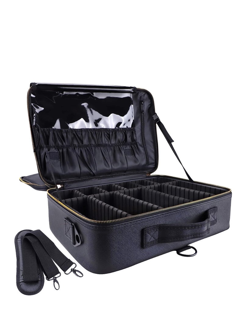 Arabest Large Travel Makeup Bag, 3-Layer Makeup Organizer with Adjustable Divider and Strap, Professional Makeup Box for Makeup Brushes Toiletry Jewelry Digital Accessories (Black)  - Image 1