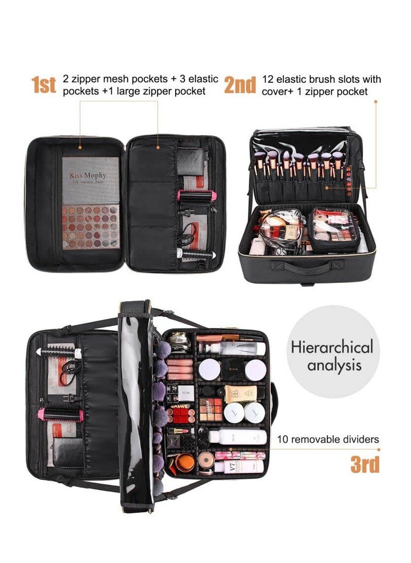 Arabest Large Travel Makeup Bag, 3-Layer Makeup Organizer with Adjustable Divider and Strap, Professional Makeup Box for Makeup Brushes Toiletry Jewelry Digital Accessories (Black)  - Image 5