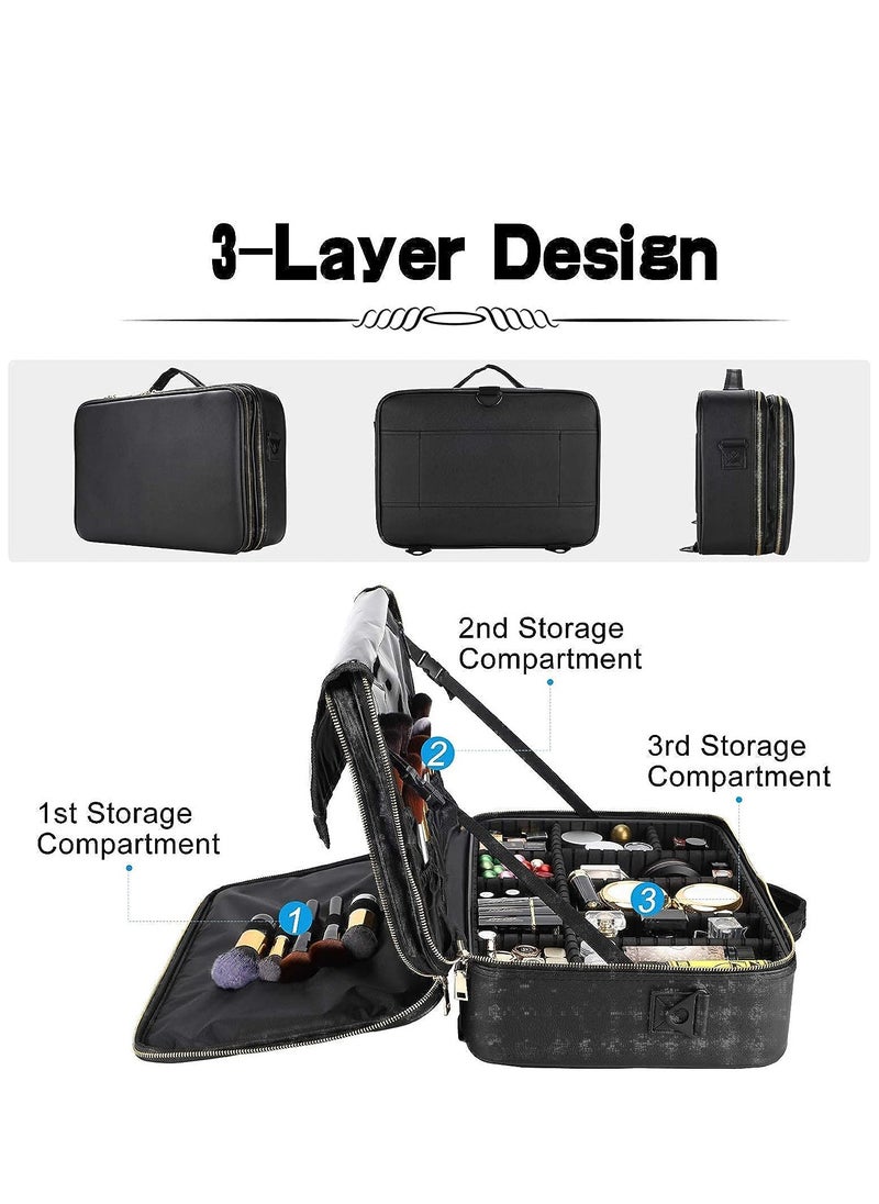 Arabest Large Travel Makeup Bag, 3-Layer Makeup Organizer with Adjustable Divider and Strap, Professional Makeup Box for Makeup Brushes Toiletry Jewelry Digital Accessories (Black)  - Image 2