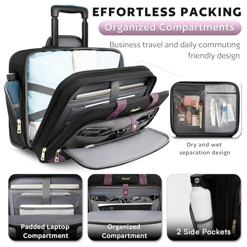 Arcoyard Rolling Laptop Bag, Large Rolling Briefcase for Women with Waterproof Pocket, 17.3 Inch Computer Bag Laptop Case with Wheels, Roller Work Bag for Office Travel Business Teacher, Black Purple - Image 4