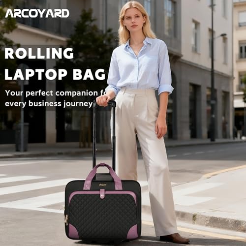 Arcoyard Rolling Laptop Bag, Large Rolling Briefcase for Women with Waterproof Pocket, 17.3 Inch Computer Bag Laptop Case with Wheels, Roller Work Bag for Office Travel Business Teacher, Black Purple - Image 3