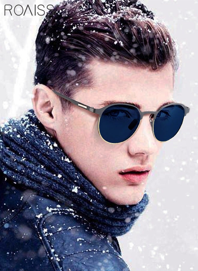 رويس نظارات شمسية دائرية مستقطبة للرجال، نظارات شمسية بحماية من الأشعة فوق البنفسجية 400 بإطار معدني نصفي، نظارات شمسية عصرية مضادة للتوهج للرجال أثناء القيادة والصيد والسفر، باللون الأزرق - Image 2