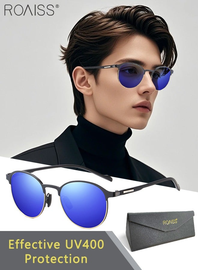 رويس نظارات شمسية دائرية مستقطبة للرجال، نظارات شمسية بحماية من الأشعة فوق البنفسجية 400 بإطار معدني نصفي، نظارات شمسية عصرية مضادة للتوهج للرجال أثناء القيادة والصيد والسفر، باللون الأزرق - Image 1