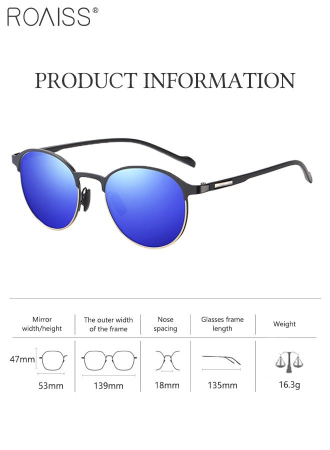 رويس نظارات شمسية دائرية مستقطبة للرجال، نظارات شمسية بحماية من الأشعة فوق البنفسجية 400 بإطار معدني نصفي، نظارات شمسية عصرية مضادة للتوهج للرجال أثناء القيادة والصيد والسفر، باللون الأزرق - Image 4