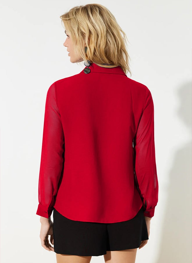 trendyol Red Woven Shirt with Transparent Sleeves - Image 5