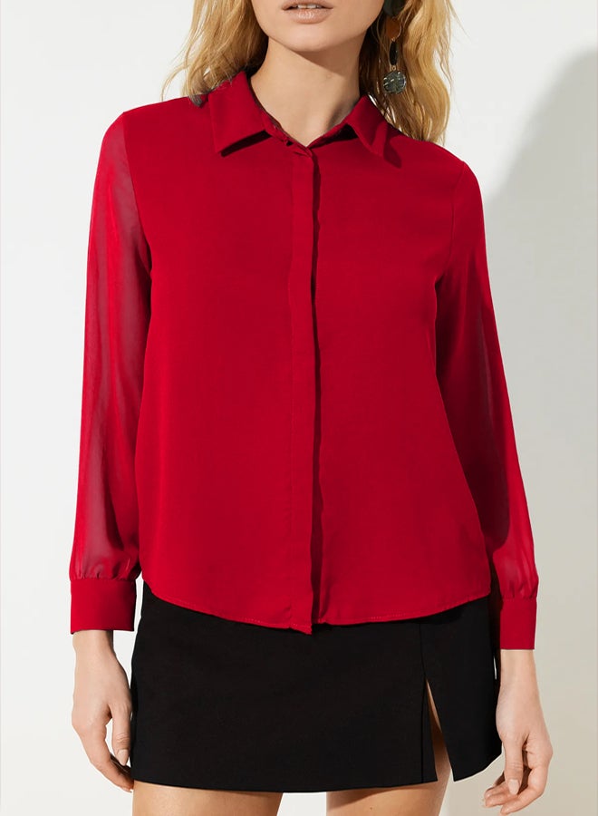 trendyol Red Woven Shirt with Transparent Sleeves - Image 4