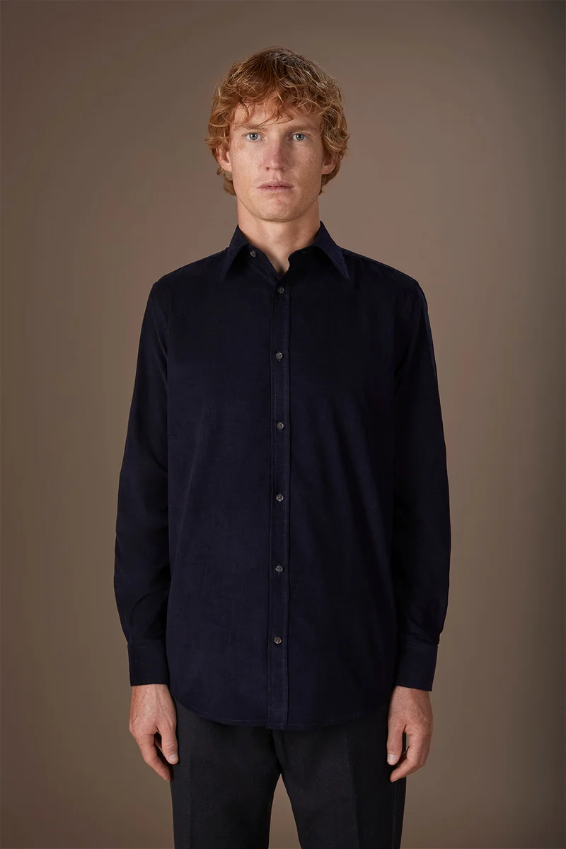 Men's casual shirt in 100% cotton 1000 Stripe velvet fabric plain colour - Dk Blue