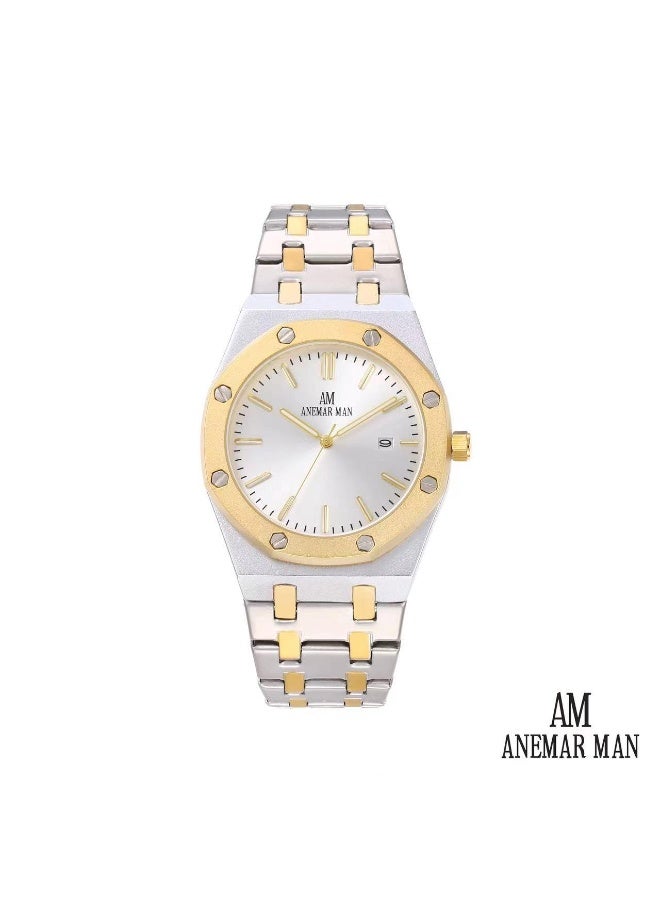ANEMAR MAN High-quality, water-resistant men's stainless steel wristwatch with a silver and gold strap and white dial.