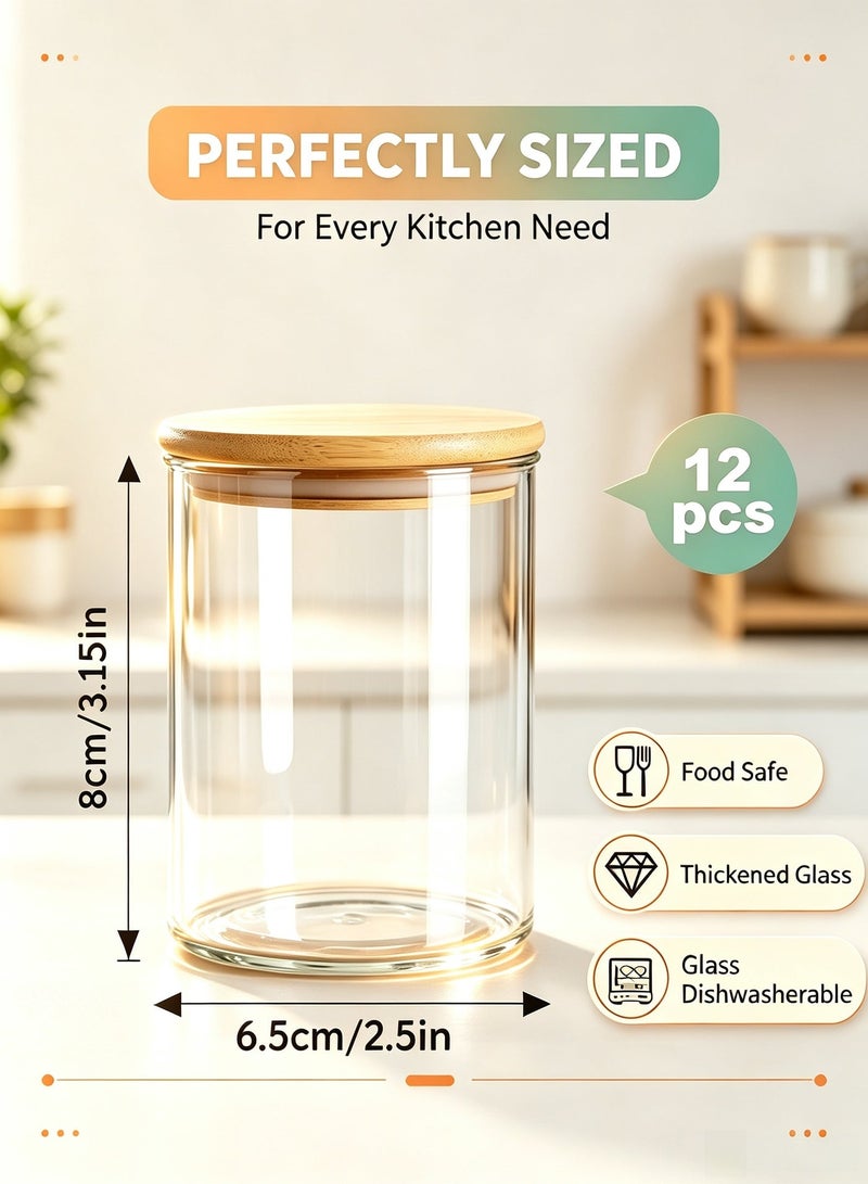 HOMESTAR Glass Storage Jars with Bamboo Lids, 12 Pcs 200ml Airtight Clear Glass Canisters, Food Grade Glass Containers for Spices, Nuts, Tea, Coffee Beans, Pantry Kitchen Organization - Image 2