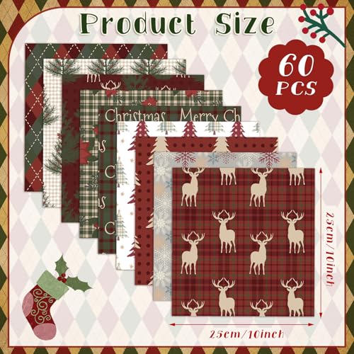 Oudain 60 Pcs 10 x 10 Inch Woodland Christmas Quilting Fabric Vintage Christmas Fat Squares Patchwork Precut Strips Reindeer Poinsettia Plaid Snowflake Fabric Bundles for Xmas Winter DIY Craft Sewing - Image 3