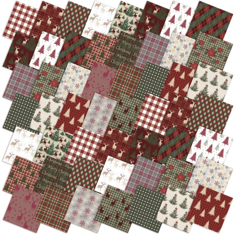 Oudain 60 Pcs 10 x 10 Inch Woodland Christmas Quilting Fabric Vintage Christmas Fat Squares Patchwork Precut Strips Reindeer Poinsettia Plaid Snowflake Fabric Bundles for Xmas Winter DIY Craft Sewing - Image 2