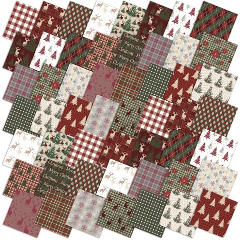 Oudain 60 Pcs 10 x 10 Inch Woodland Christmas Quilting Fabric Vintage Christmas Fat Squares Patchwork Precut Strips Reindeer Poinsettia Plaid Snowflake Fabric Bundles for Xmas Winter DIY Craft Sewing - Image 1