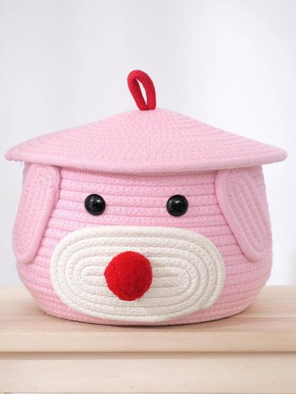 Superfine Cute Baby Bear Handmade Jute Cotton Thread Rope Basket | Woven Storage Basket With Cap | Nursery Organizers And Storage,Kids Basket, Toy Bin, Baby Gift Basket. (Pink, 11x11x7))  - Image 1