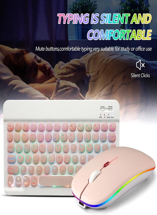 Guiheng Ultra-Slim Bluetooth Keyboard and Mouse Portable Mini Wireless Keyboard Rechargeable 7-Color Backlit for Apple iPad iPhone Samsung Tablet iPhone Smartphone iOS Android Windows, Round Keys Pink - Image 2