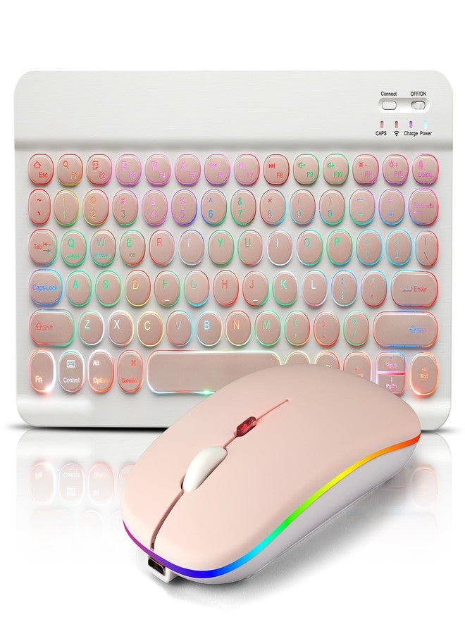Guiheng Ultra-Slim Bluetooth Keyboard and Mouse Portable Mini Wireless Keyboard Rechargeable 7-Color Backlit for Apple iPad iPhone Samsung Tablet iPhone Smartphone iOS Android Windows, Round Keys Pink - Image 1