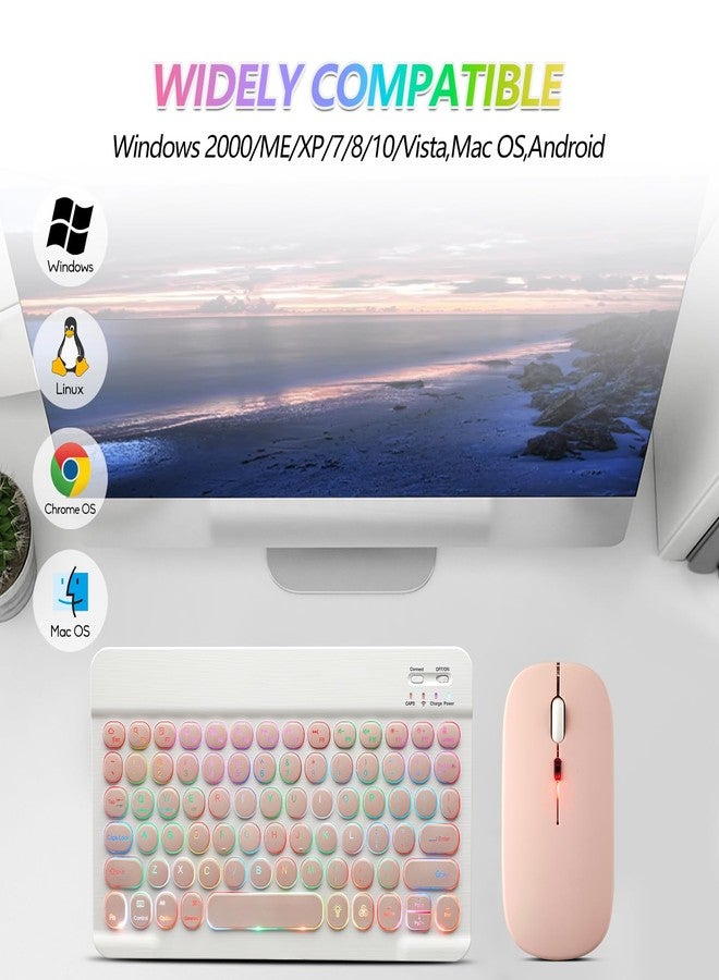 Guiheng Ultra-Slim Bluetooth Keyboard and Mouse Portable Mini Wireless Keyboard Rechargeable 7-Color Backlit for Apple iPad iPhone Samsung Tablet iPhone Smartphone iOS Android Windows, Round Keys Pink - Image 3