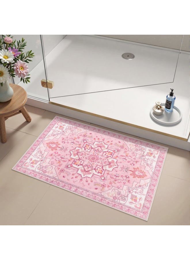 Seavish Vintage Pink Bathroom Rugs, 18"x26" Boho Tribal Bath Rug for Bathroom Floor, Soft Velvet Small Throw Accent Non Slip Washable Rugs for Kitchen Sink Shower Tub Home Decor - Image 2