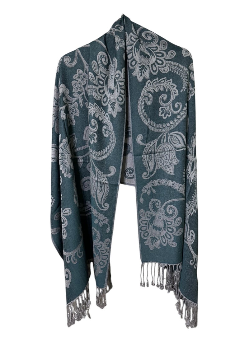 Scarf Collections - Plaid Floral/Dot/Graphic/Paisley/Indian/Check/Carreau/Stripe Pattern Soft Pashmina Scarf/Shawl/Wrap/Headscarf/Hijab/Blanket For Women - One Size 70x175cm - P01 Teal Green / Silver - Image 1