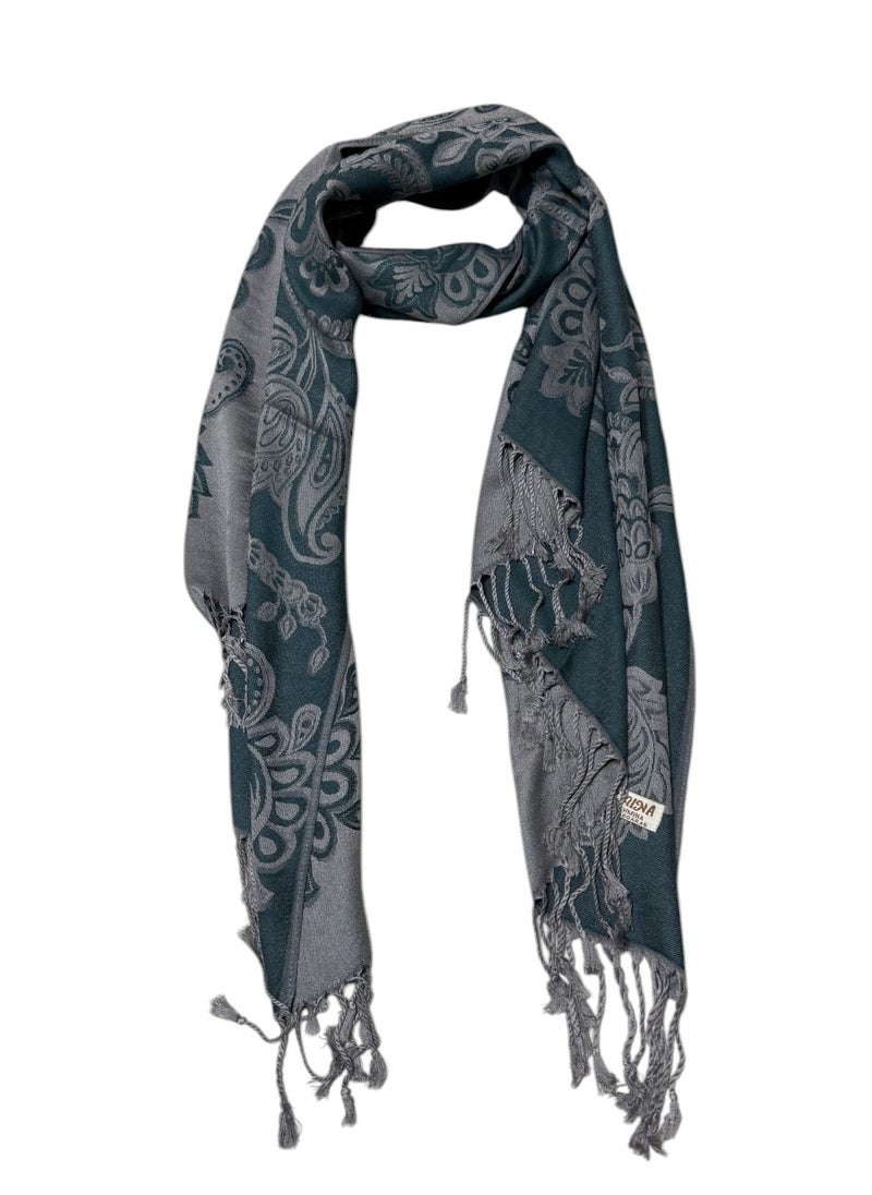 Scarf Collections - Plaid Floral/Dot/Graphic/Paisley/Indian/Check/Carreau/Stripe Pattern Soft Pashmina Scarf/Shawl/Wrap/Headscarf/Hijab/Blanket For Women - One Size 70x175cm - P01 Teal Green / Silver - Image 1