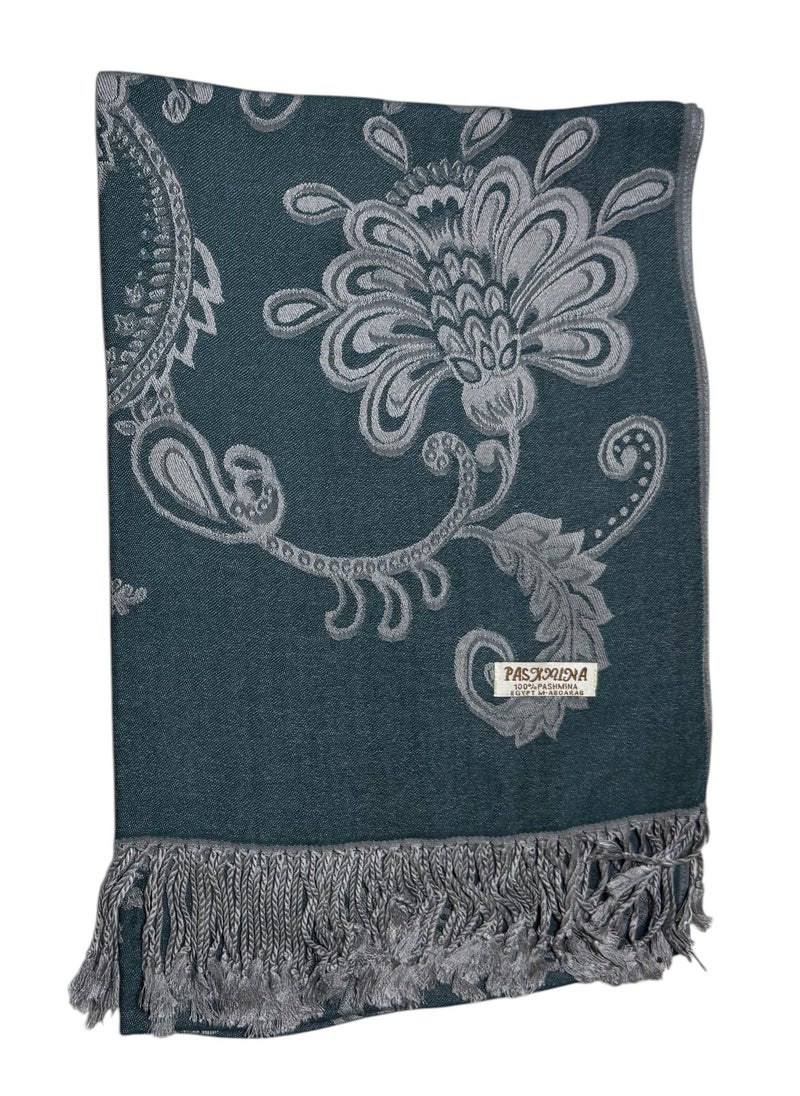 Scarf Collections - Plaid Floral/Dot/Graphic/Paisley/Indian/Check/Carreau/Stripe Pattern Soft Pashmina Scarf/Shawl/Wrap/Headscarf/Hijab/Blanket For Women - One Size 70x175cm - P01 Teal Green / Silver - Image 1
