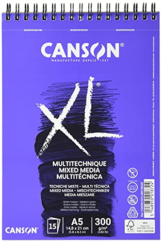 CANSON XL Textured Mixed Media 300gsm A5 Paper, Medium Grain, Spiral Pad Short Side, 15 White Sheets, Ideal for Professional Artists & Illustrators - Image 1
