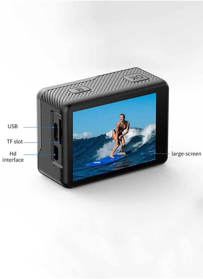 كاميرا أكشن 6K HD مع جهاز تحكم عن بعد، مثبت إلكتروني مضاد للاهتزاز، زاوية تصوير واسعة 170 درجة، كاميرا خارجية مضادة للصدمات مع اتصال واي فاي، شاشة ملونة مزدوجة إبداعية، مع بطاقة ذاكرة 32 جيجابايت، مع جهاز تحكم عن بعد، لتصوير VLOG والسفر وركوب الدراجات وسجلات الحياة