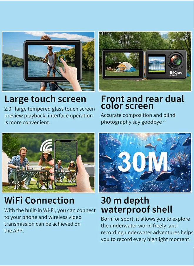 Generic 6K HD Action remote control camera, EIS anti-shake, 170° wide-angle shooting, WiFi interconnection anti-shock outdoor camera, creative dual color screen, with 32GB memory card, with remote control, for shooting VLOG, travel, cycling, life records  - Image 4