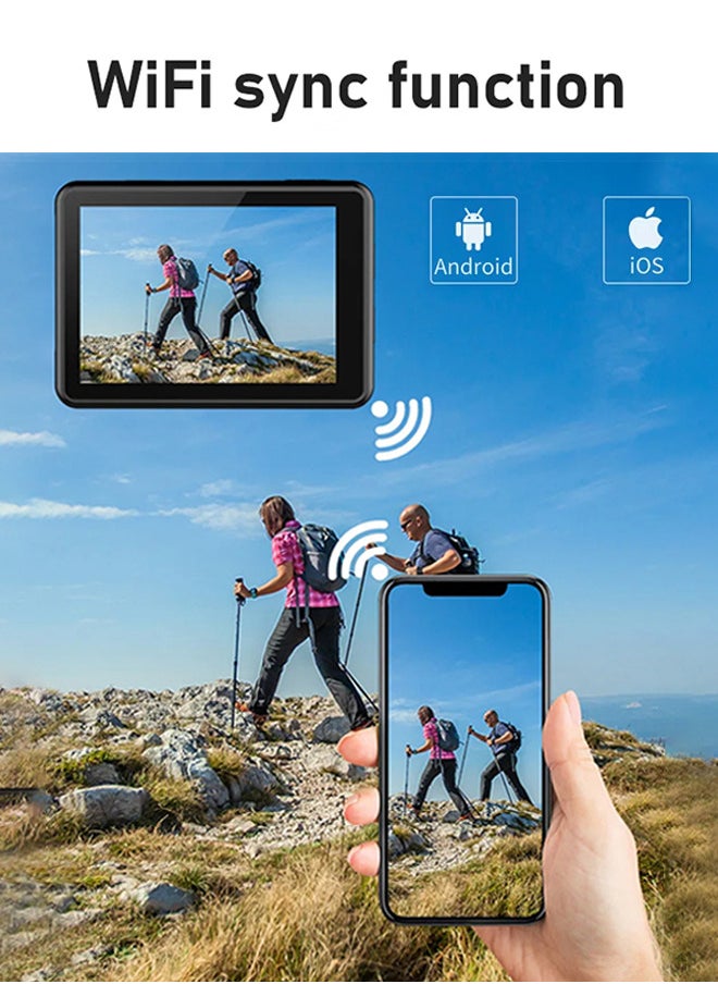 كاميرا أكشن 6K HD مع جهاز تحكم عن بعد، مثبت إلكتروني مضاد للاهتزاز، زاوية تصوير واسعة 170 درجة، كاميرا خارجية مضادة للصدمات مع اتصال واي فاي، شاشة ملونة مزدوجة إبداعية، مع بطاقة ذاكرة 32 جيجابايت، مع جهاز تحكم عن بعد، لتصوير VLOG والسفر وركوب الدراجات وسجلات الحياة
