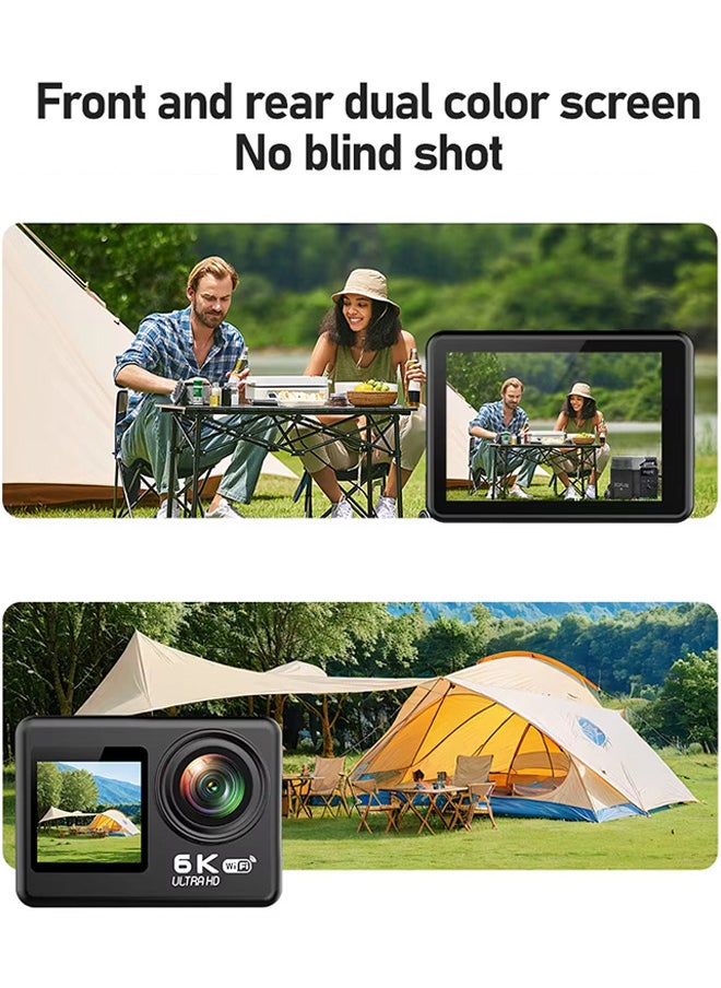 كاميرا أكشن 6K HD مع جهاز تحكم عن بعد، مثبت إلكتروني مضاد للاهتزاز، زاوية تصوير واسعة 170 درجة، كاميرا خارجية مضادة للصدمات مع اتصال واي فاي، شاشة ملونة مزدوجة إبداعية، مع بطاقة ذاكرة 32 جيجابايت، مع جهاز تحكم عن بعد، لتصوير VLOG والسفر وركوب الدراجات وسجلات الحياة