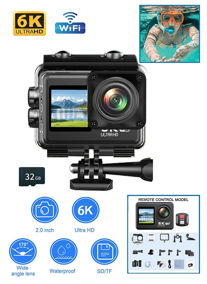 Generic 6K HD Action remote control camera, EIS anti-shake, 170° wide-angle shooting, WiFi interconnection anti-shock outdoor camera, creative dual color screen, with 32GB memory card, with remote control, for shooting VLOG, travel, cycling, life records  - Image 1