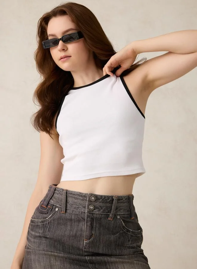 Outzidr  White Contrast Trim Ribbed Tank for Women | Best Price UAE