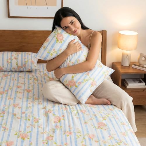 haus & kinder Bedsheets for Double Bed King Size,144 TC King Size Bed Sheet Cotton with 2 Pillow Covers Rosaline Stripes Bedsheet(108 * 108 Inches) - Image 2