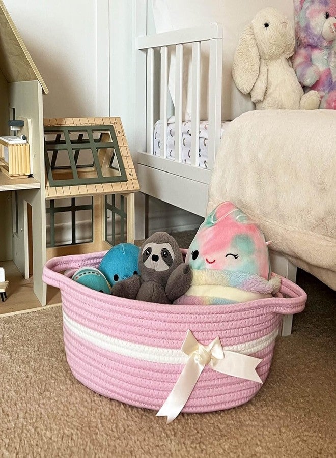 Rugszone Baby Gift Basket, Small Woven Rope Basket, Rectangle Shelf Basket for Bathroom, Cute Nursery Storage Basket for Toys, Diapers, Towels, Snacks, 12 x 8 x 5 inches (Pink) - Image 2