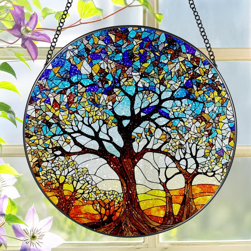 LAOWEIKI Stained Glass Window Hanging, LAOWEIKI 8'' Tree of Life Suncatcher, Stained Glass Ornament, Suncatchers for Windows Hanging, Window Decor, Outdoor or Indoor, Gifts for Women, Lovers, Couple, Friends - Image 1