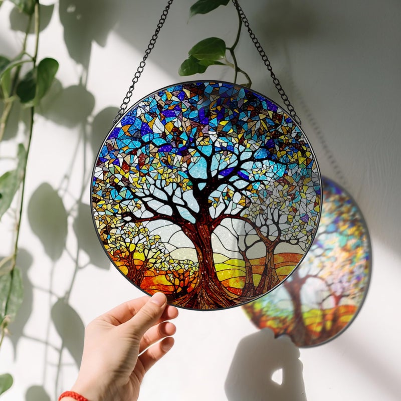 LAOWEIKI Stained Glass Window Hanging, LAOWEIKI 8'' Tree of Life Suncatcher, Stained Glass Ornament, Suncatchers for Windows Hanging, Window Decor, Outdoor or Indoor, Gifts for Women, Lovers, Couple, Friends - Image 3