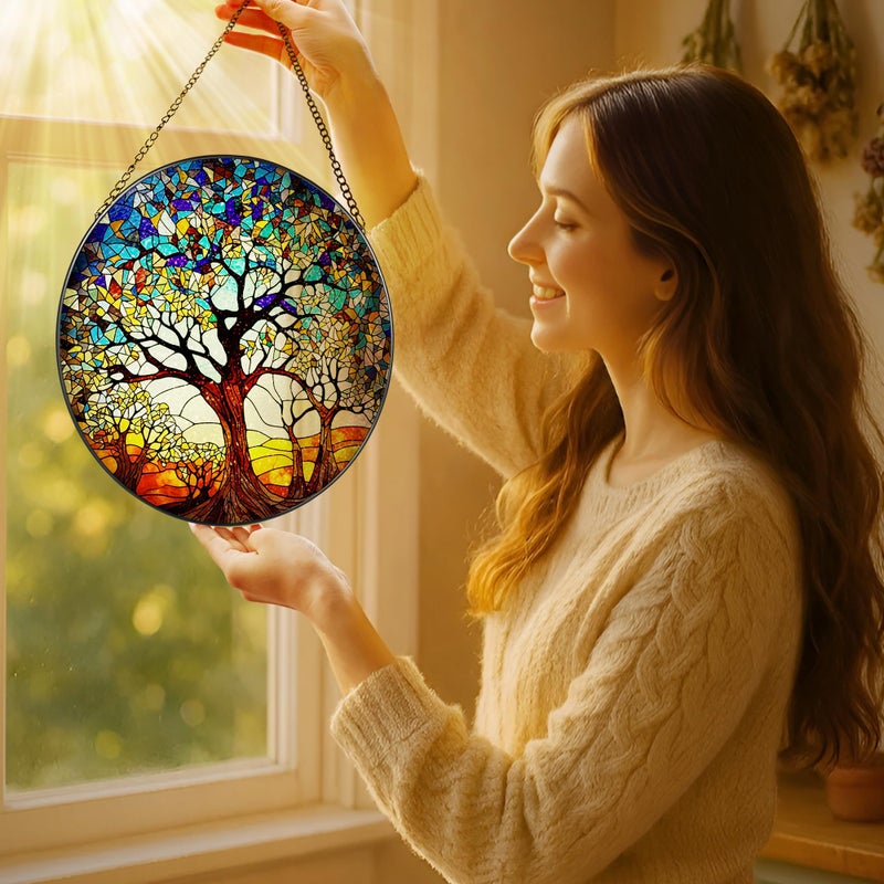 LAOWEIKI Stained Glass Window Hanging, LAOWEIKI 8'' Tree of Life Suncatcher, Stained Glass Ornament, Suncatchers for Windows Hanging, Window Decor, Outdoor or Indoor, Gifts for Women, Lovers, Couple, Friends - Image 2