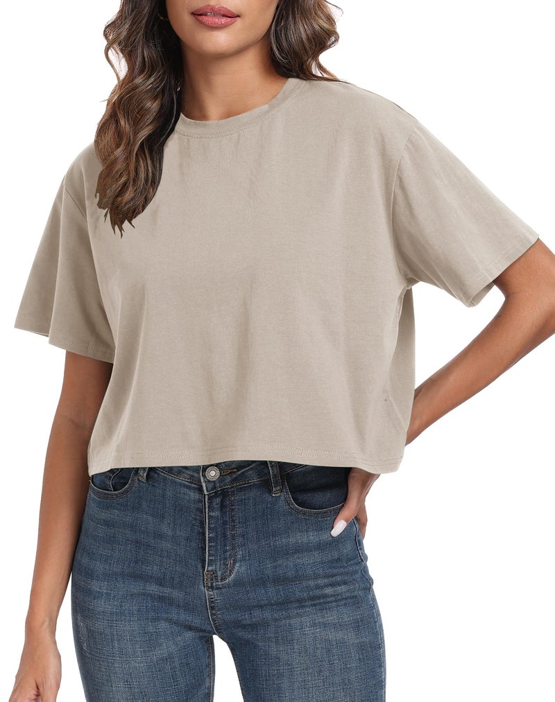 PRIMODA Women's Oversized Workout Cropped T Shirts Crew Neck Short Sleeve Casual Loose Summer Crop Tee Tops Cotton(Beige L) - Image 1