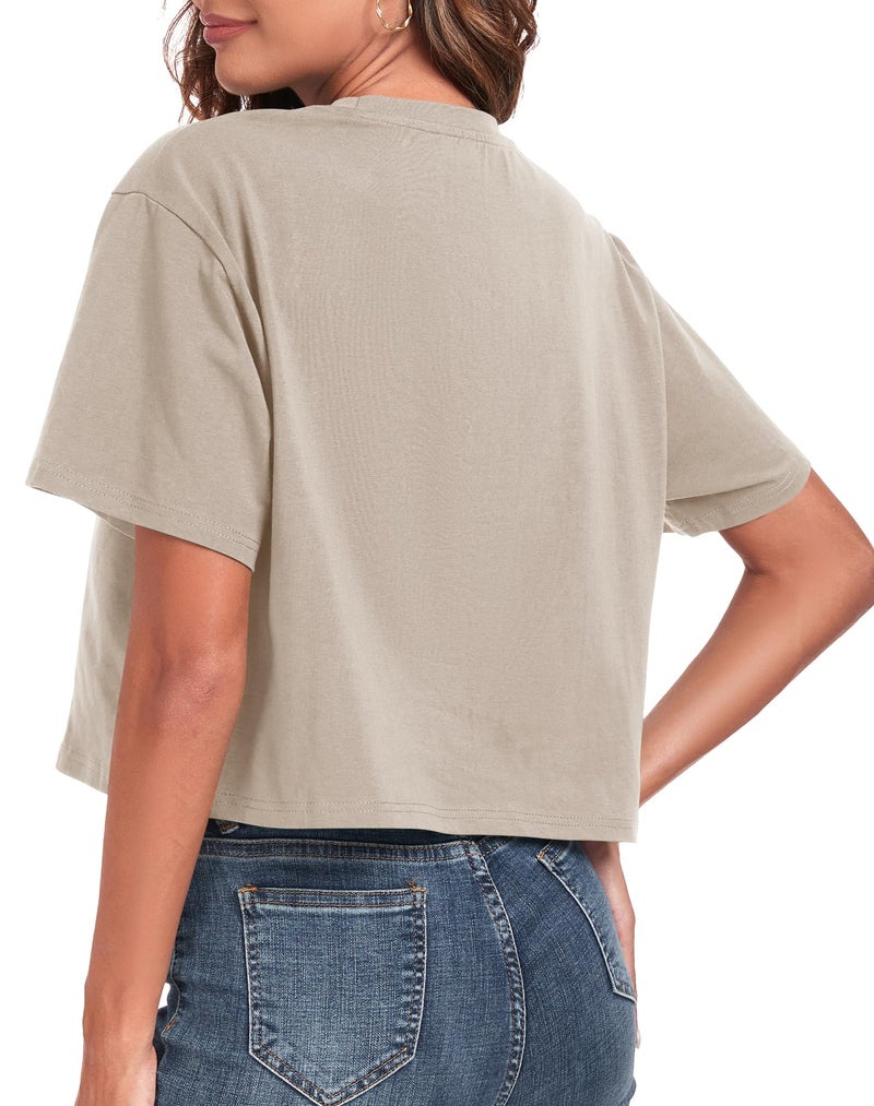 PRIMODA Women's Oversized Workout Cropped T Shirts Crew Neck Short Sleeve Casual Loose Summer Crop Tee Tops Cotton(Beige L) - Image 3